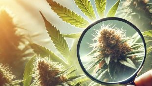 Primer plano de cogollos de cannabis con tricomas, resaltados por una lupa y luz natural