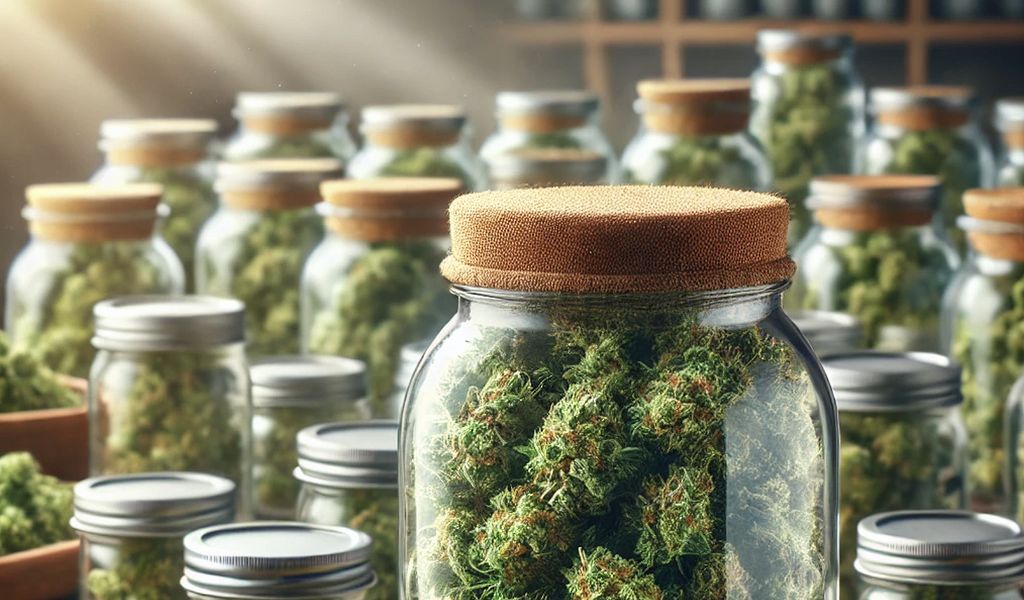 Glass jars filled with cannabis buds, placed in a dark room for curing.