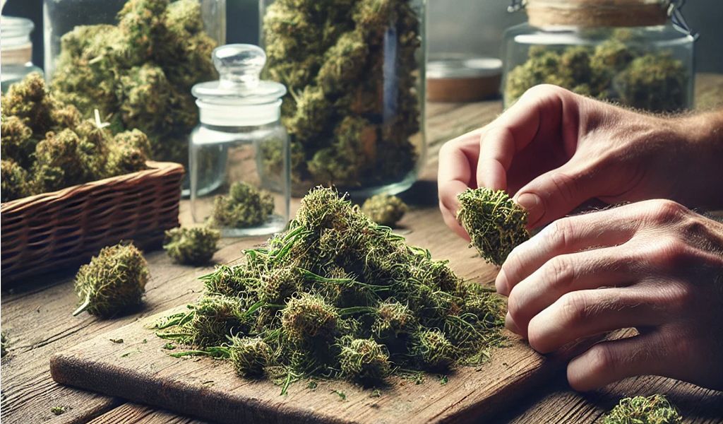 A grower trimming cannabis buds on a rustic wooden table, preparing them for curing