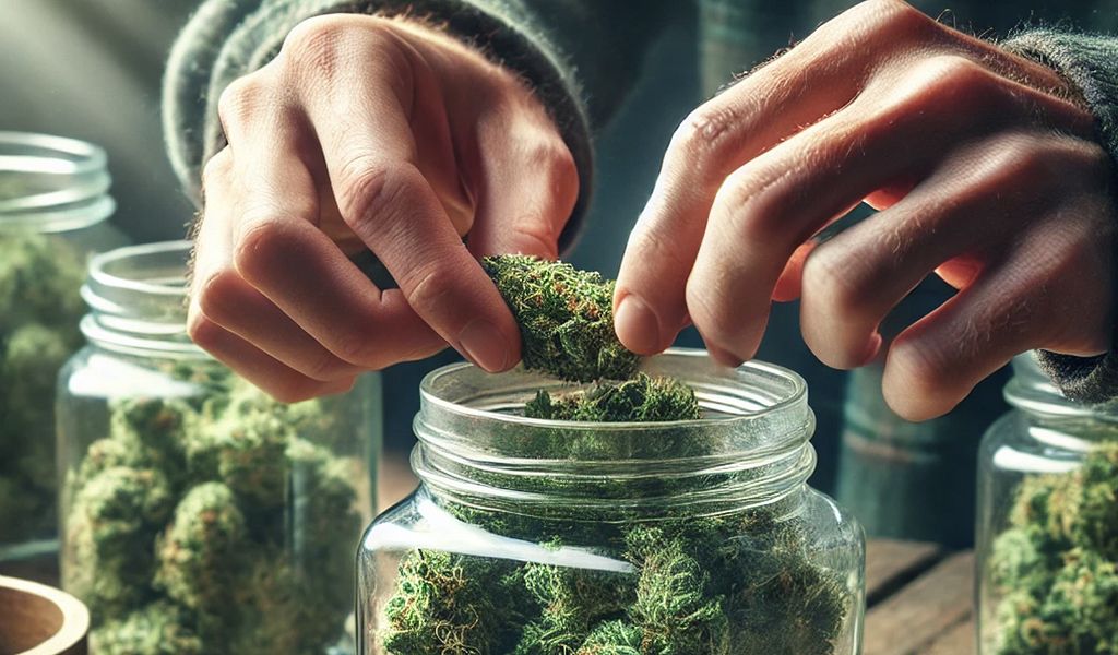 A grower opening a jar of cannabis buds to release moisture during curing.