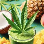 Imagen de un batido verde con frutas tropicales y cannabis en un ambiente relajado y tropical, inspirado en la cultura reggae.