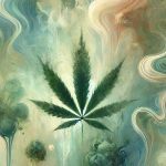 Pintura digital con tonos suaves de verde, azul y dorado, con una composición abstracta y etérea que sugiere la silueta difusa de una hoja de cannabis entre formas vaporosas.